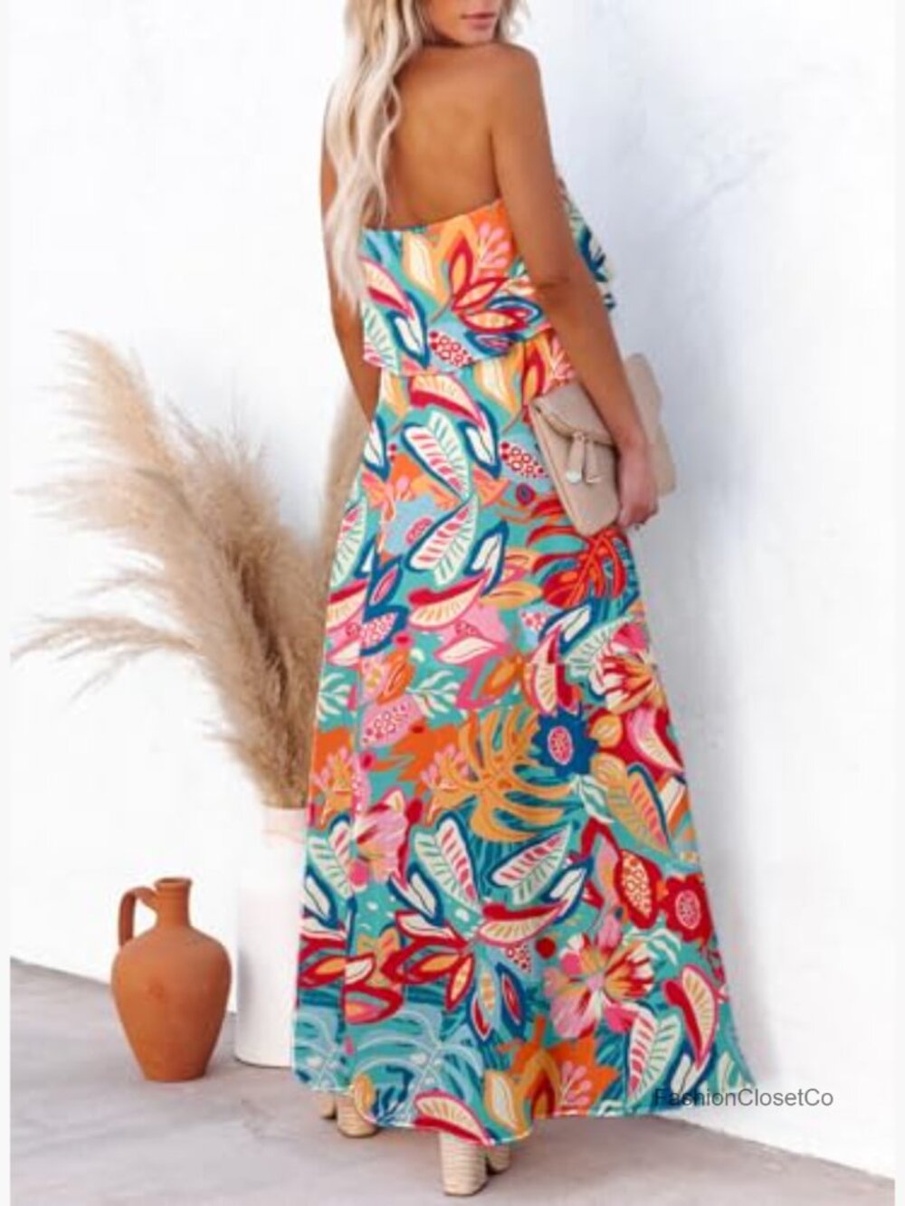 Strapless High Waist Side Split Flowy Boho Maxi Dress - Picture 3 of 7